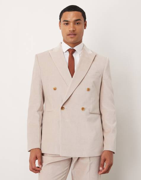 ASOS DESIGN – Ljusbeige, tunn, dubbelknäppt kavaj i bomullssammet med smal passform, del av kostym - view 1