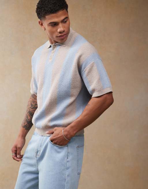 ASOS DESIGN – Ljusbeigerandig, lätt strukturstickad pikétröja med avslappnad, boxig passform