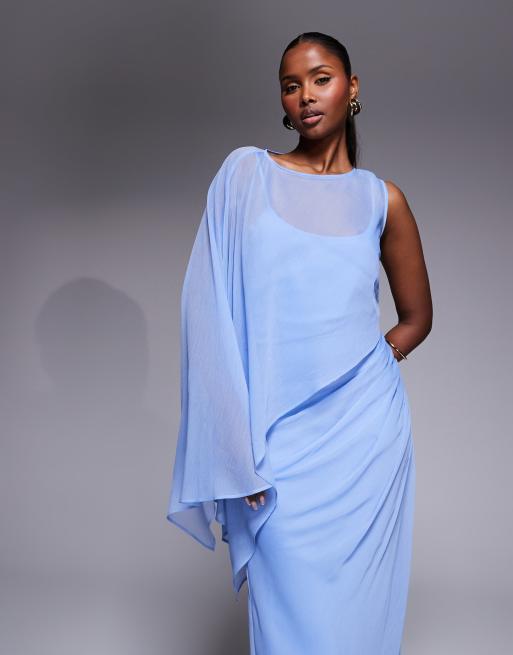 ASOS DESIGN – Ljusblå, asymmetrisk, enärmad maxiklänning med drapering och pingvinärmar, 3 av 4