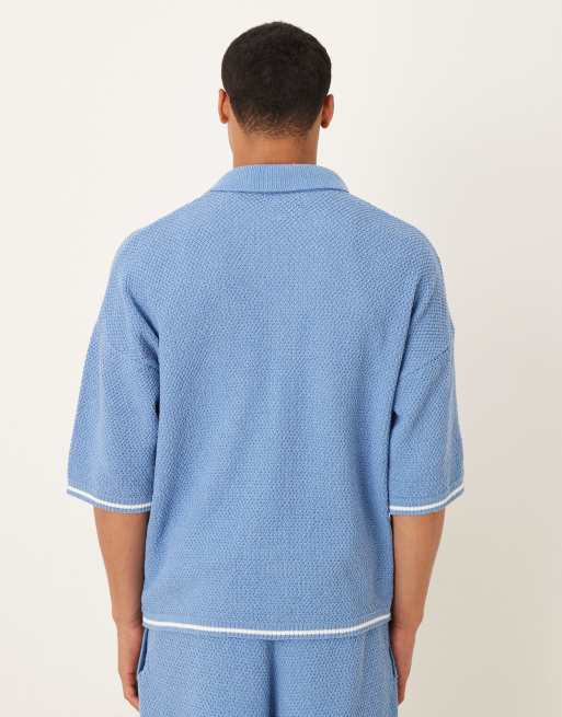 ASOS DESIGN – Ljusblå, avslappnad, stickad pikétröja med knäppning, del av set, 3 av 5