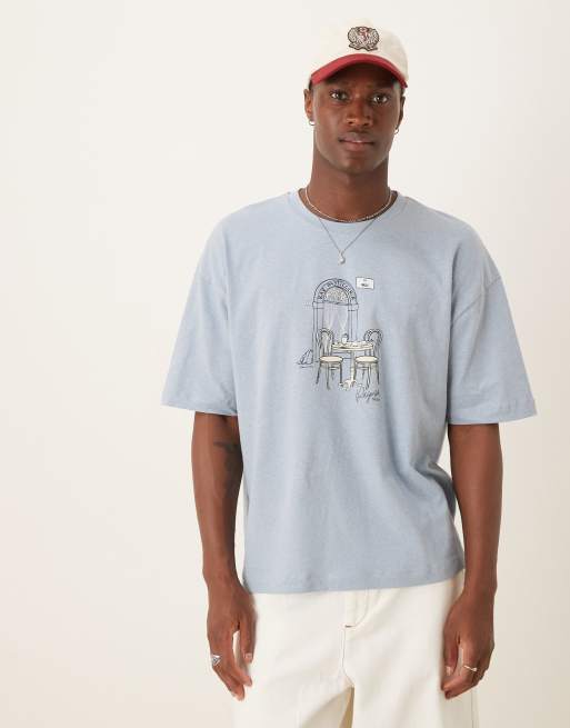 ASOS DESIGN – Ljusblå, boxig t-shirt i oversize och linnemix med cafétryck , 4 av 4