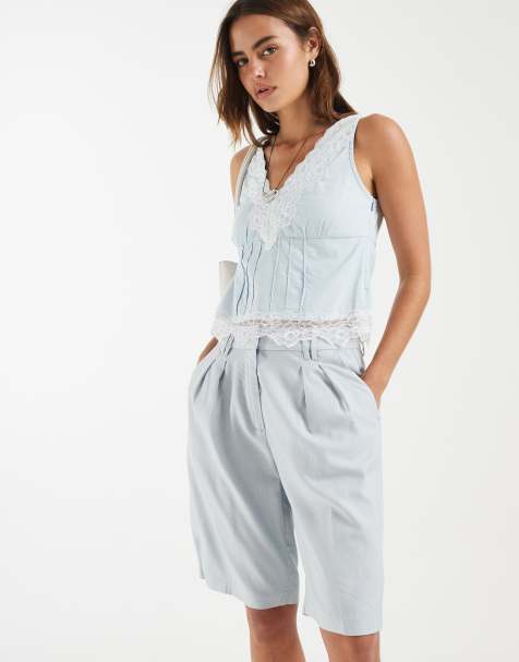 ASOS DESIGN – Ljusblå, figursydda bermudashorts i linnemix - view 1