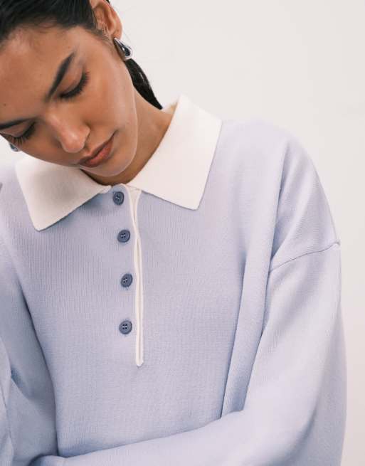 ASOS DESIGN – Ljusblå, finstickad pikétröja med kontrastfärgad krage, 4 av 4