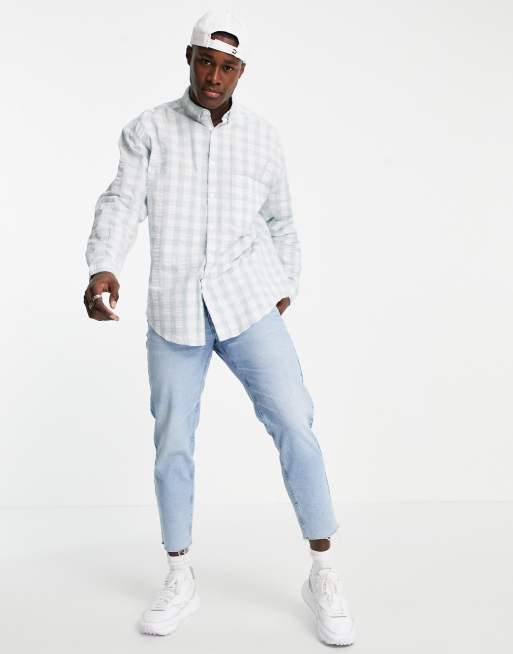 ASOS DESIGN – Ljusblå, ginghamrutig skjorta i seersucker och 90-talsstil, 4 av 4