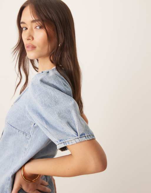 ASOS DESIGN – Ljusblå jeansklänning i minilängd med knäppning och puffärmar, 3 av 4