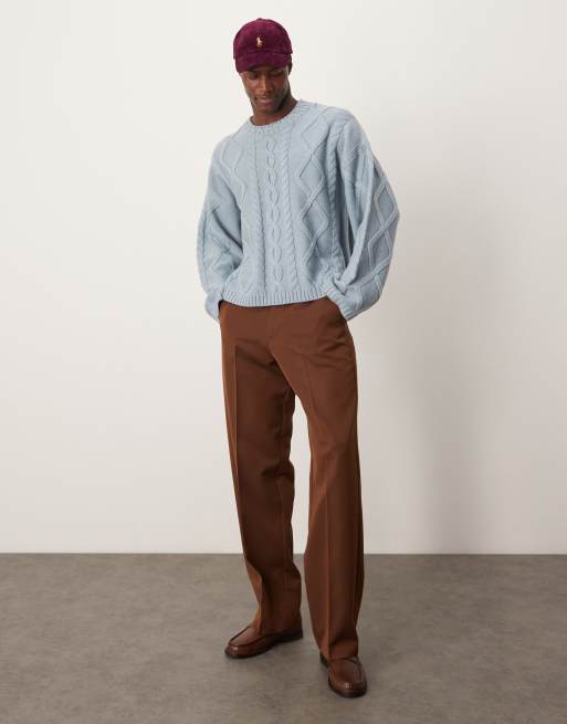 ASOS DESIGN – Ljusblå, kraftig, kabelstickad tröja i yllemix, oversize och rund halsringning, 3 av 4