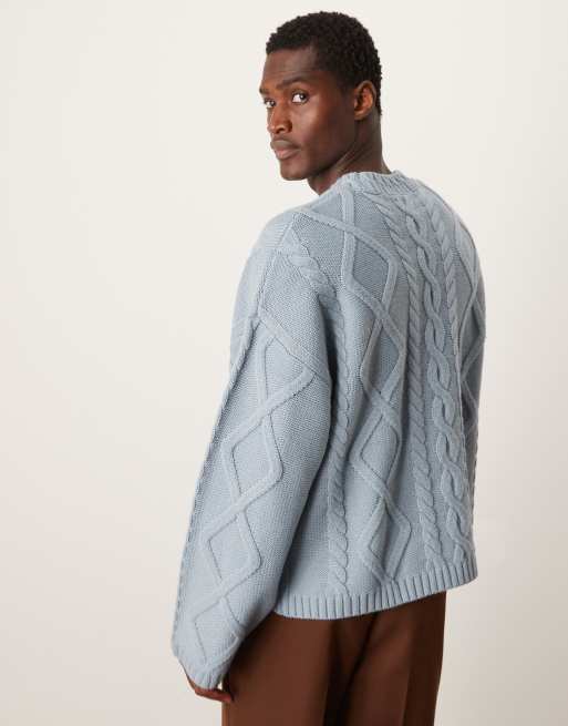 ASOS DESIGN – Ljusblå, kraftig, kabelstickad tröja i yllemix, oversize och rund halsringning, 4 av 4
