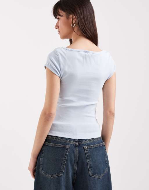 ASOS DESIGN – Ljusblå, krympt t-shirt med båtringning och korta ärmar, 4 av 4