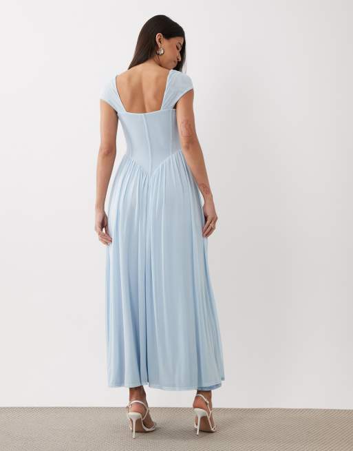 ASOS DESIGN – Ljusblå maxiklänning i mesh med v-formad söm och tvinnade detaljer, 4 av 4