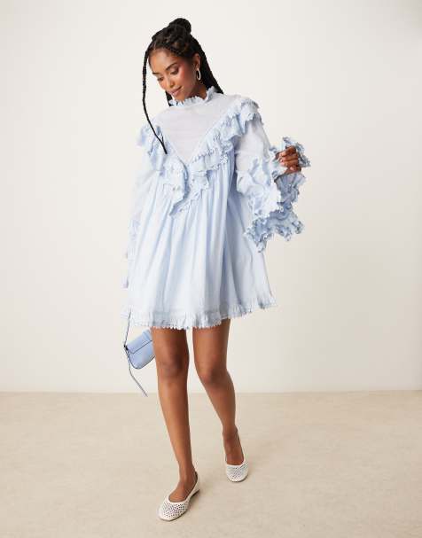 ASOS DESIGN – Ljusblå miniklänning med hög ringning och vinklade volanger - view 1