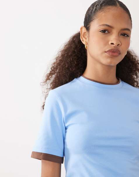 ASOS DESIGN – Ljusblå och chokladbrun topp i två lager med korta ärmar - view 1