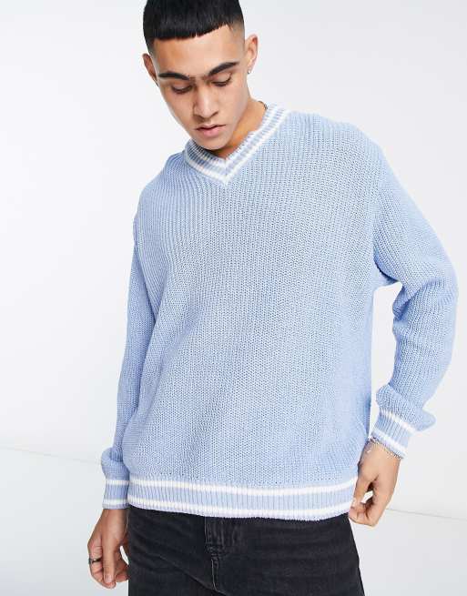 ASOS DESIGN – Ljusblå, patentsstickad krickettröja