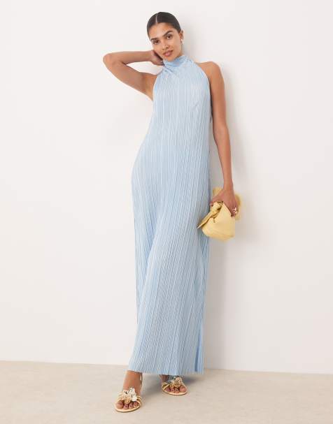 ASOS DESIGN – Ljusblå, plisserad maxiklänning med halterneck och knytning - view 1