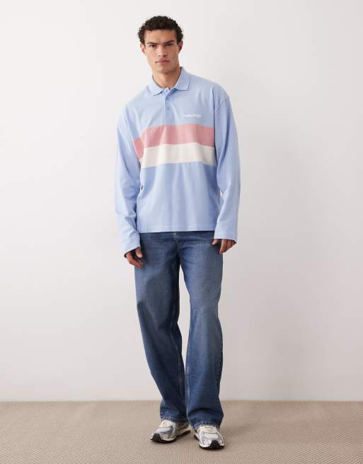 ASOS DESIGN – Ljusblå, randig, kraftig pikétröja i oversize med långa ärmar och textur, 2 av 5