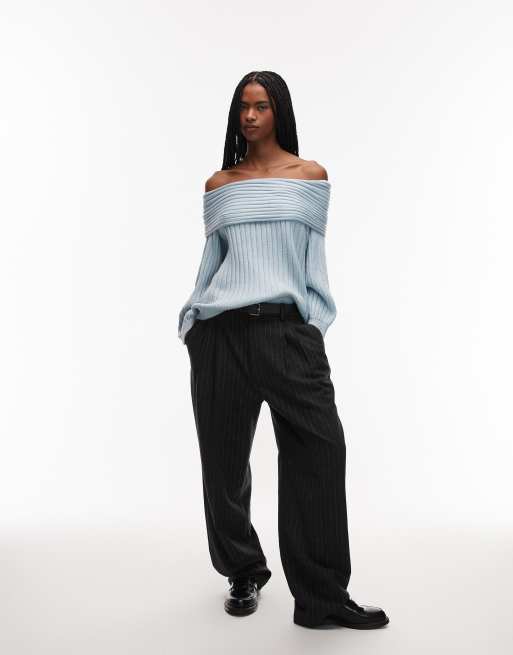 ASOS DESIGN – Ljusblå, ribbstickad tröja i oversize med bara axlar och ballongärmar, 2 av 4