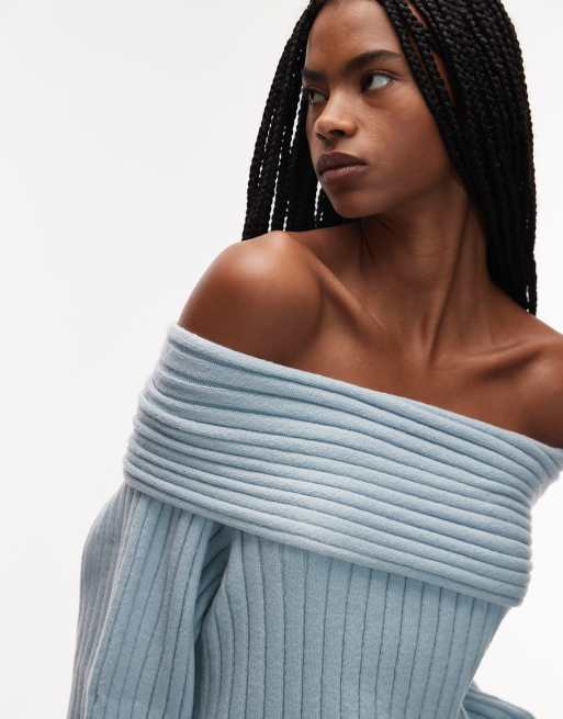 ASOS DESIGN – Ljusblå, ribbstickad tröja i oversize med bara axlar och ballongärmar, 4 av 4