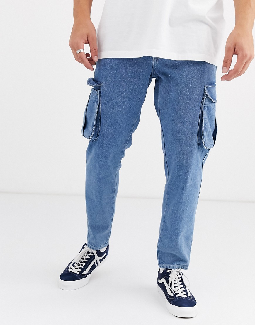 ASOS DESIGN – Ljusblå, stentvättade klassiska jeans utan stretch med cargofickor