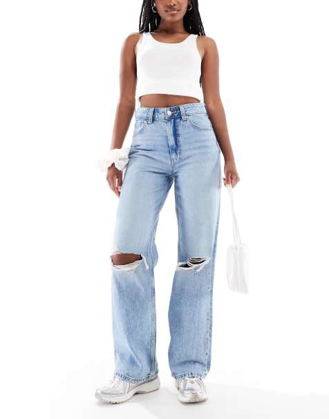 ASOS DESIGN – Ljusblå, tvättade jeans i dad-modell med vida ben och knärevor - view 1