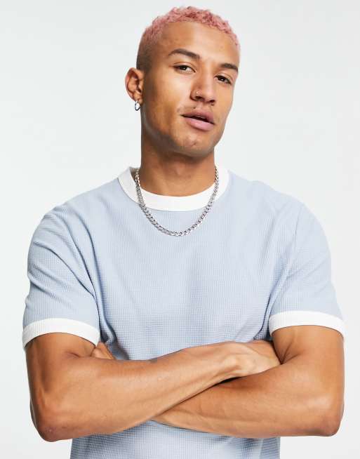 ASOS DESIGN – Ljusblå våffelstrukturerad t-shirt med kontrasterande kantrand, 3 av 4
