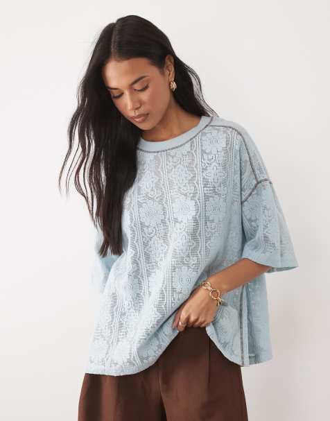 ASOS DESIGN – Ljusblå, virkad t-shirt i jersey och oversize - view 1