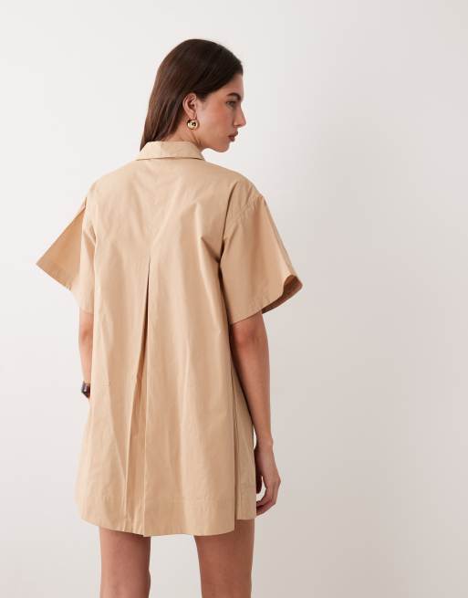 ASOS DESIGN – Ljusbrun, avslappnad miniklänning i poplin med korta ärmar, 3 av 4