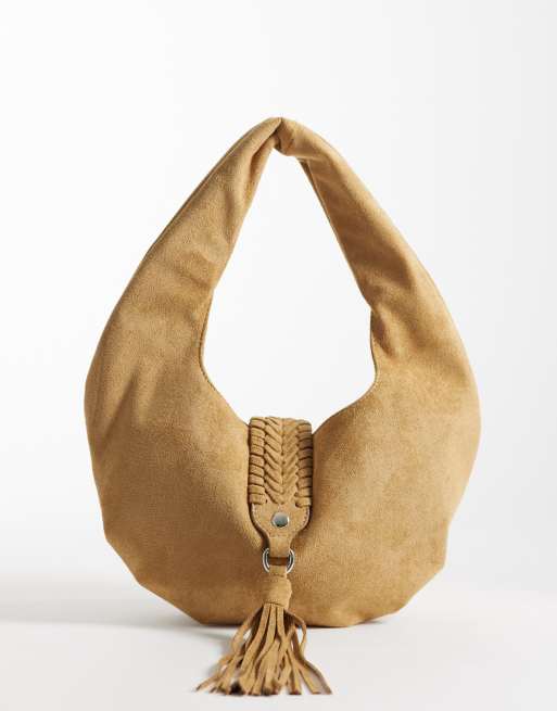 ASOS DESIGN – Ljusbrun axelväska med vävt handtag i mockaimitation