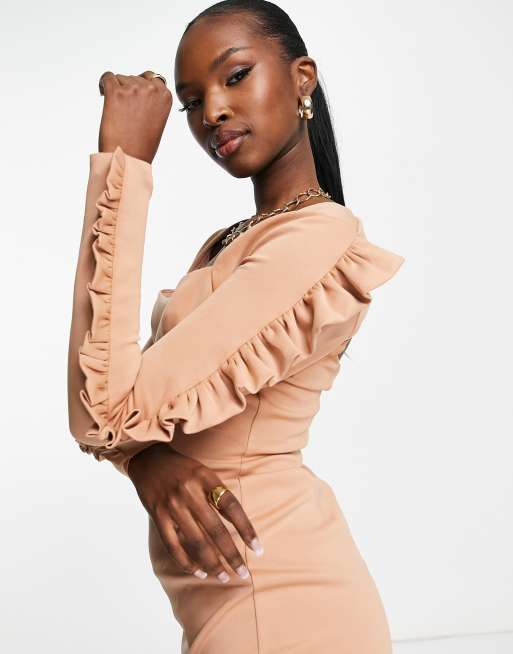 ASOS DESIGN – Ljusbrun bodycon-klänning i midilängd med volangärmar, 3 av 4