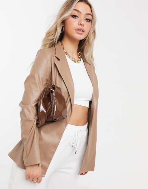 ASOS DESIGN – Ljusbrun dad-kavaj i läderimiterad jersey, del av kostym