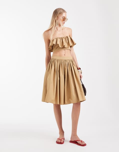 ASOS DESIGN – Ljusbrun, knälång skaterkjol i poplin, del av set - view 1
