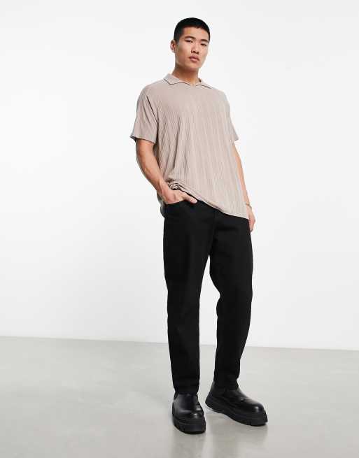 ASOS DESIGN – Ljusbrun, ribbad pikétröja med avslappnad passform och platt krage , 3 av 4