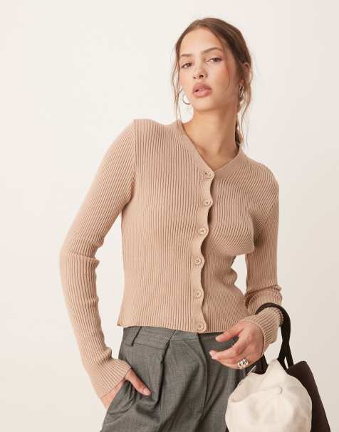ASOS DESIGN – Ljusbrun, ribbstickad kofta med v-ringning - view 1