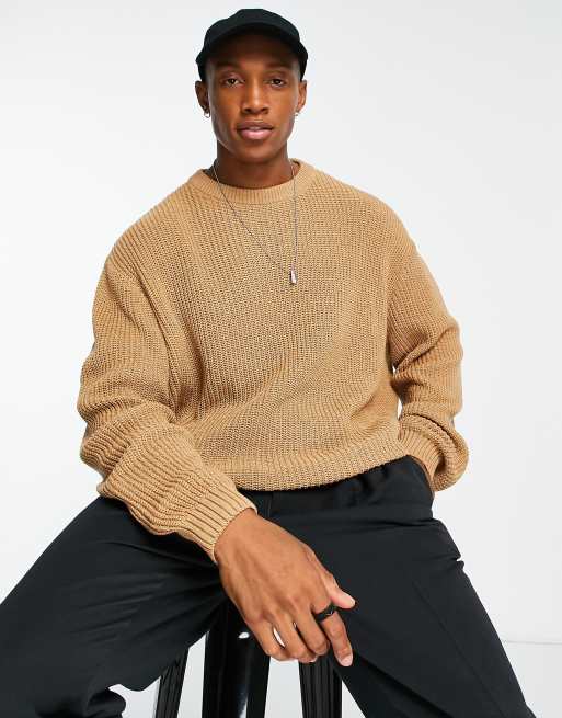 ASOS DESIGN – Ljusbrun ribbstickad oversize-tröja