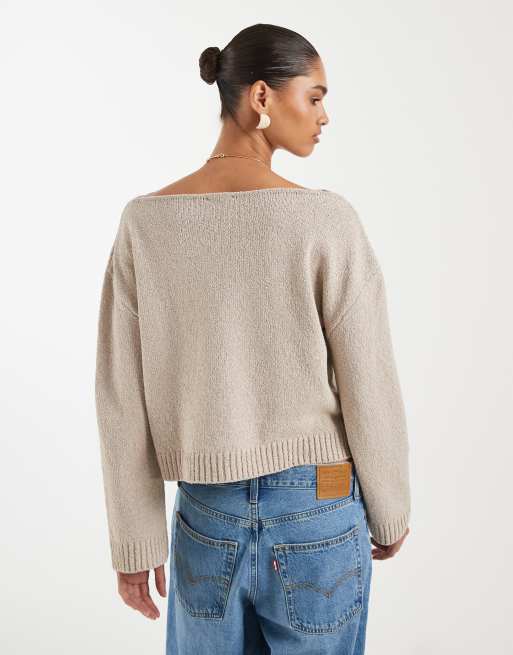 ASOS DESIGN – Ljusbrun, stickad tröja i bouclé med en bar axel, 4 av 4