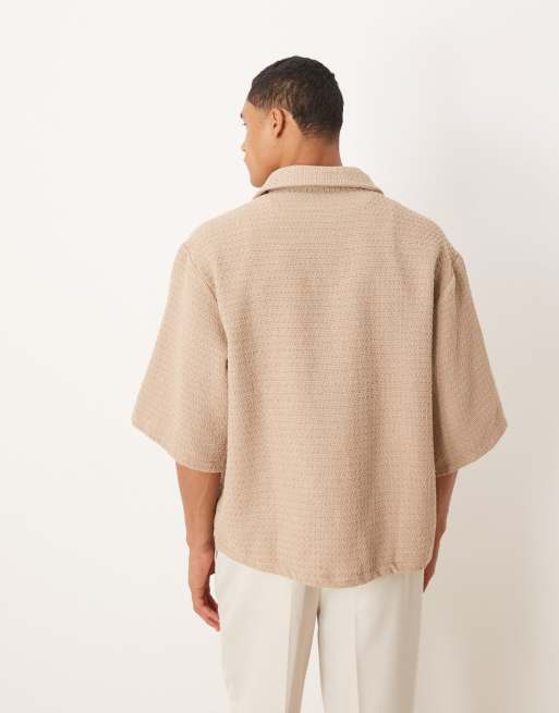 ASOS DESIGN – Ljusbrun, virkad skjorta i oversize med halvlång ärm och broderi  , 3 av 4