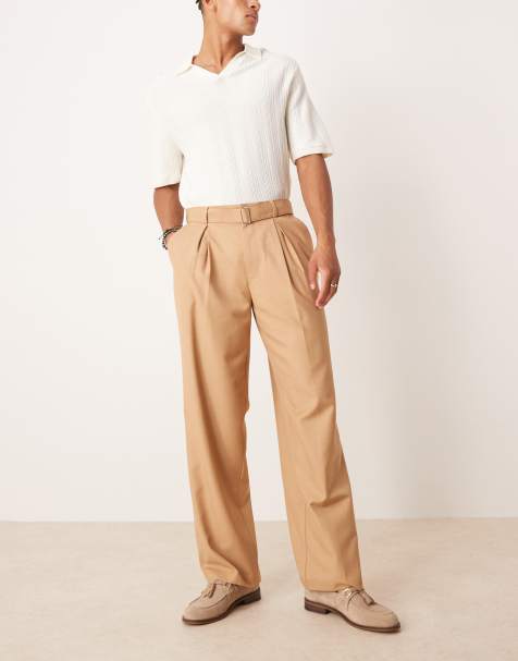ASOS DESIGN – Ljusbruna finbyxor med vida ben, skärp och veck framtill - view 1