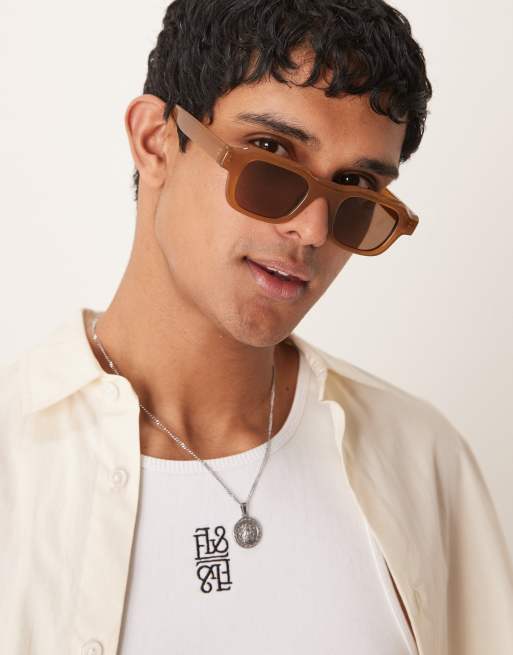 ASOS DESIGN – Ljusbruna, grova solglasögon med rektangulär design och bruna glas
