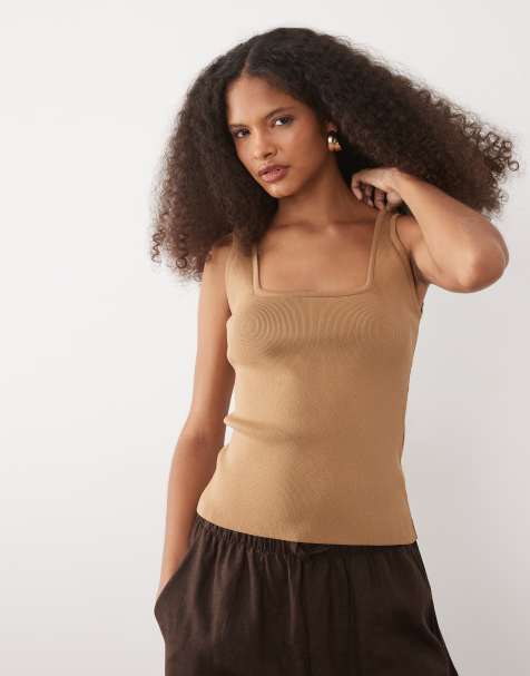 ASOS DESIGN – Ljusbrunt, stickat linne med fyrkantig halsringning - view 1
