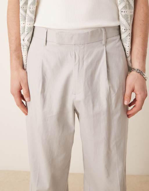 ASOS DESIGN – Ljusgrå finbyxor i linnemix med vida ben och veck framtill, 2 av 5