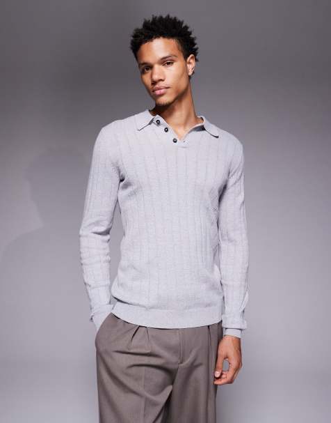 ASOS DESIGN – Ljusgrå, melerad, ribbstickad pikétröja i muscle fit med långa ärmar - view 1