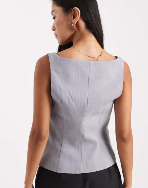 ASOS DESIGN – Ljusgrå, randig, figursydd, strukturerad kostymväst med fyrkantig ringning, 4 av 4
