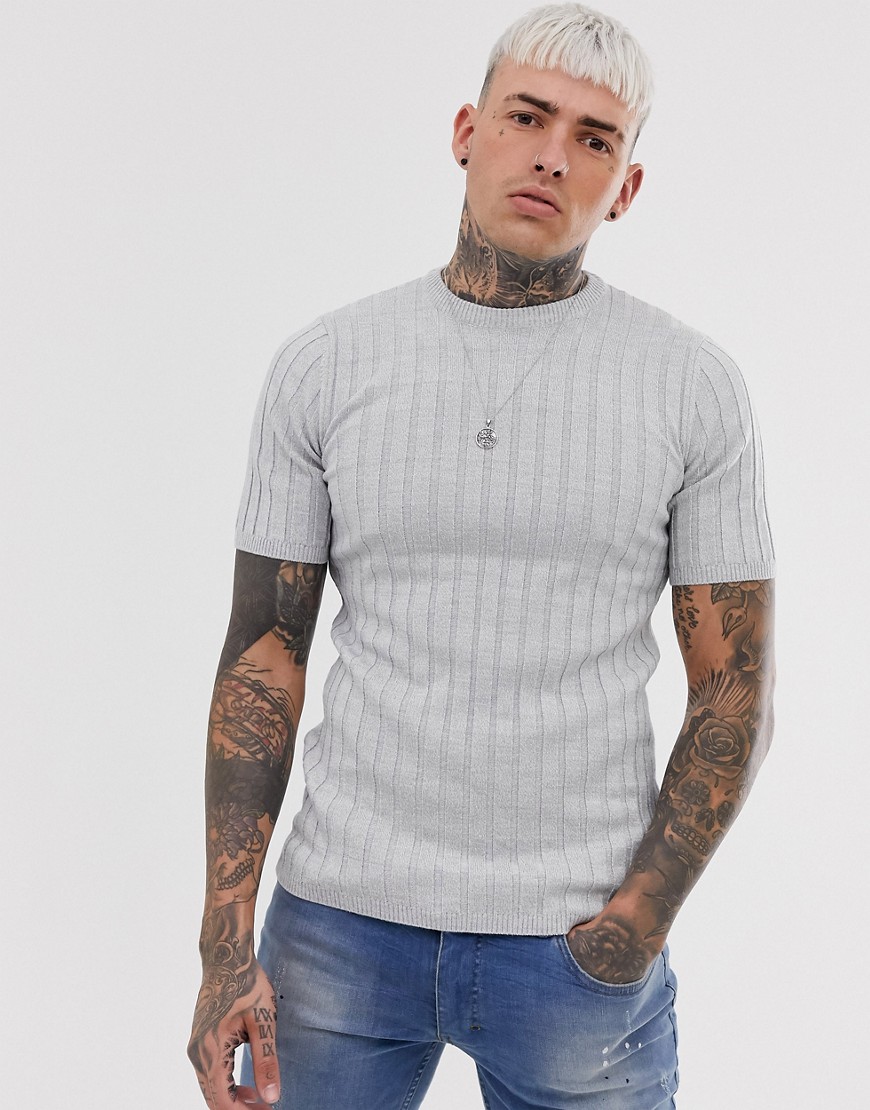 ASOS DESIGN – Ljusgrå ribbstickad t-shirt