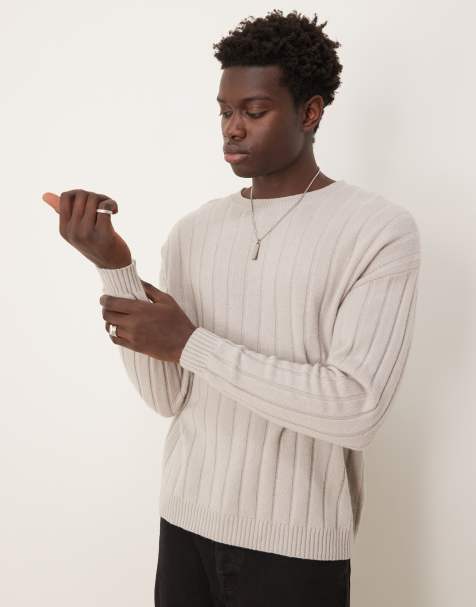 ASOS DESIGN – Ljusgrå, ribbstickad tröja i lammull med avslappnad passform - view 1