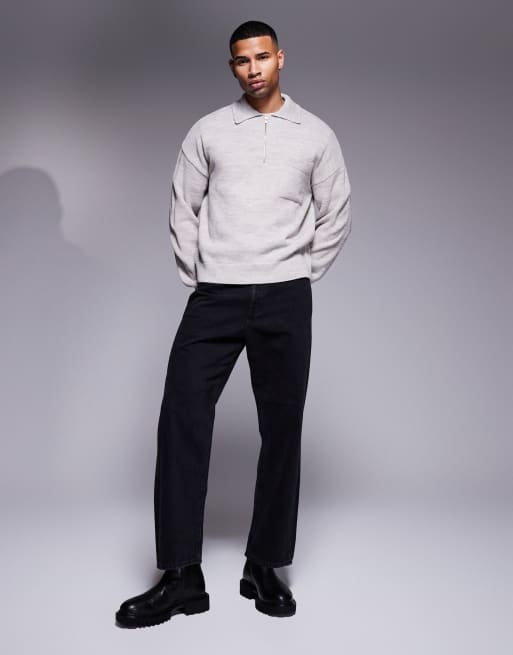 ASOS DESIGN – Ljusgrå, stickad pikétröja med avslappnad, boxig passform, kort dragkedja och bröstficka, 2 av 4