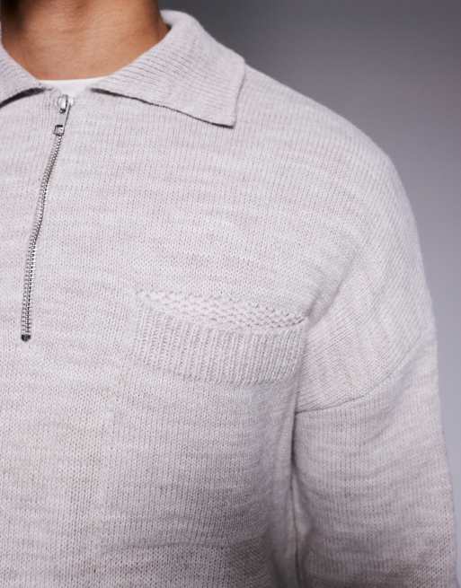 ASOS DESIGN – Ljusgrå, stickad pikétröja med avslappnad, boxig passform, kort dragkedja och bröstficka, 4 av 4