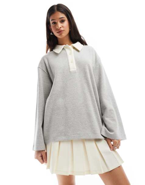 ASOS DESIGN – Ljusgrå, supermjuk pikétröja i oversize med långa ärmar - view 1