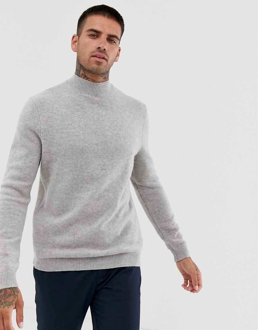 ASOS DESIGN – Ljusgrå tröja av lammull med halvpolokrage