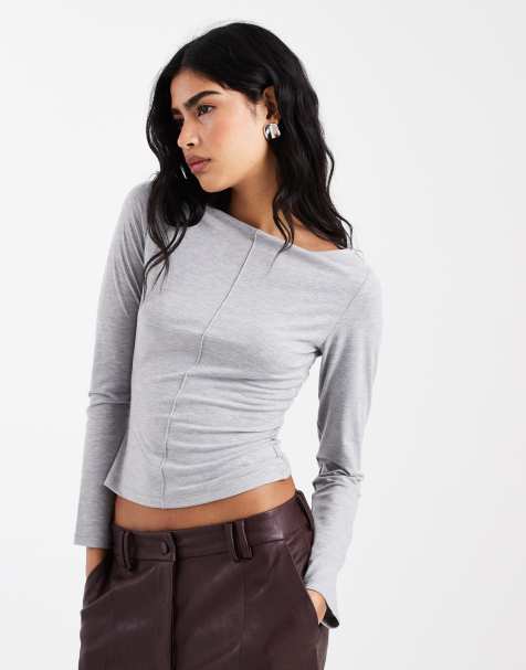 ASOS DESIGN – Ljusgråmelerad topp med båtringning och dekorativ söm i mitten - view 1
