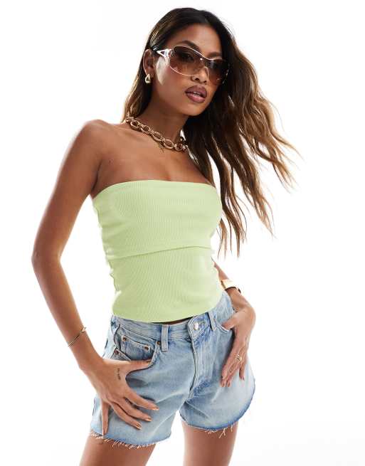 ASOS DESIGN – Ljusgrön, ribbad bandeau-topp med nedvikt kant