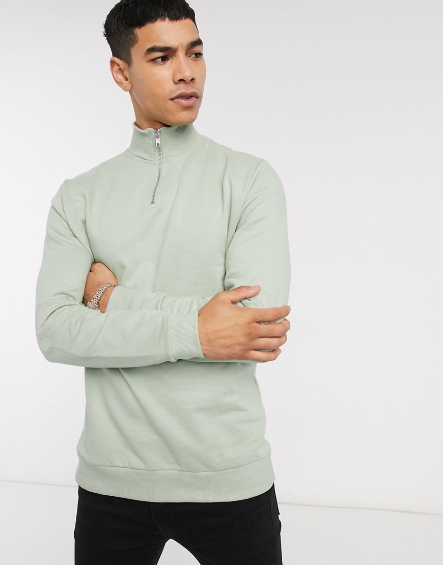 ASOS DESIGN – Ljusgrön sweatshirt i ekologiskt material med dragkedja i halsen