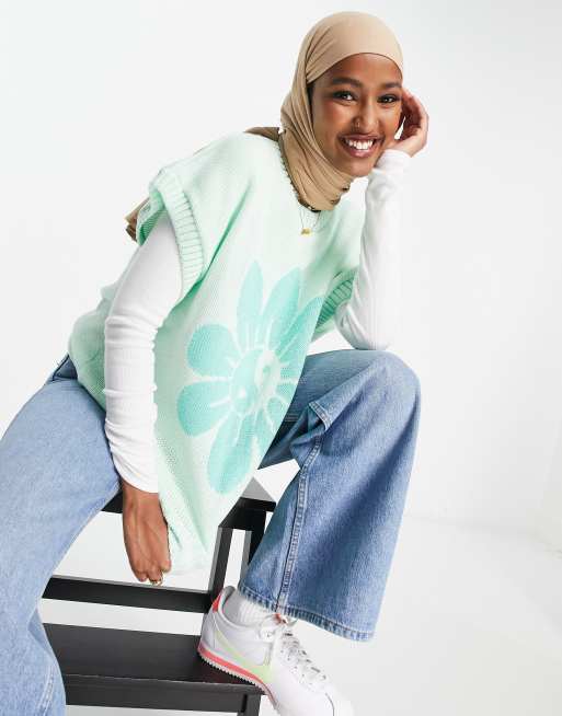 ASOS DESIGN – Ljusgrönt stickat linne med blomtryck